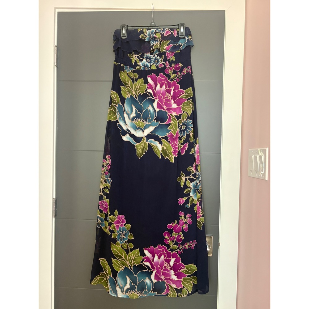 Floral Strapless Maxi Dress Navy Blue Pink Teal Ruffle Tube Top‎ Summer Chiffon